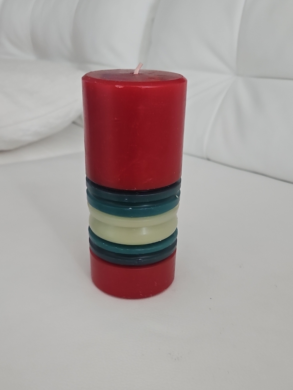 Decorative Red Holiday Pillar Candle with Teal and Cream Bands